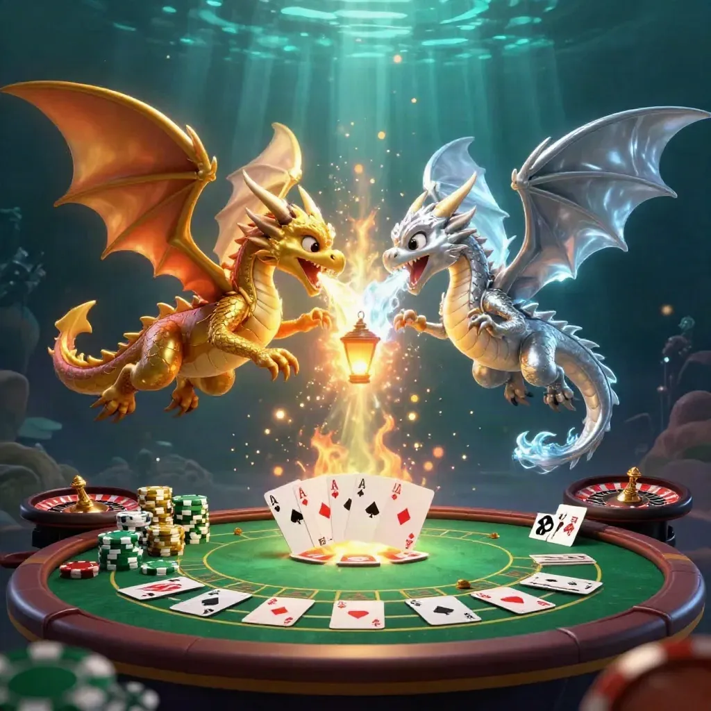 Twin gold and silver dragons spiral in fire and ice over glowing casino treasures and tables.