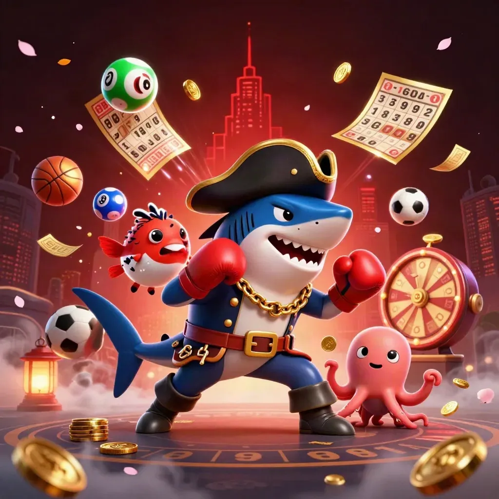 Pirate shark, boxing pufferfish, and coin-juggling octopus amid casino game bursts and red neon haze.