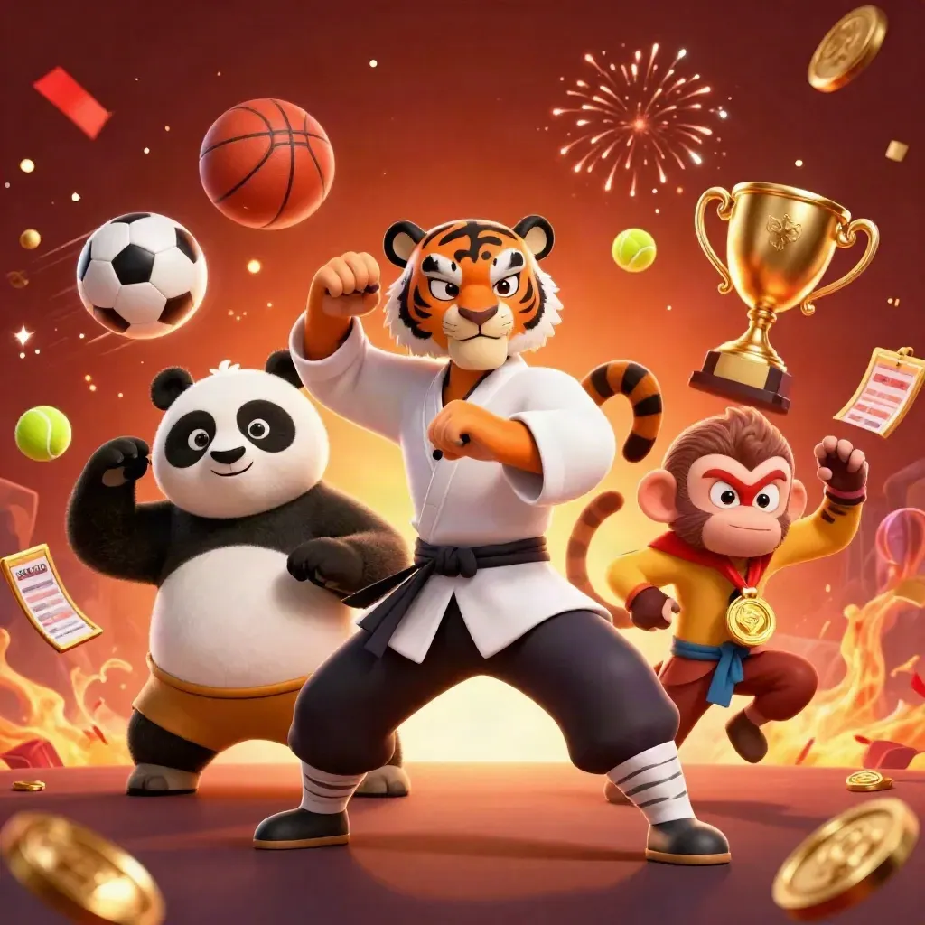 Tiger, panda, and monkey in kung-fu pose with flying sports balls, coins, trophy, and casino lights