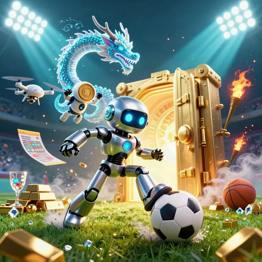 Cyberpunk robot, holographic dragon and drone surround a soccer ball amid casino treasure and blue light.