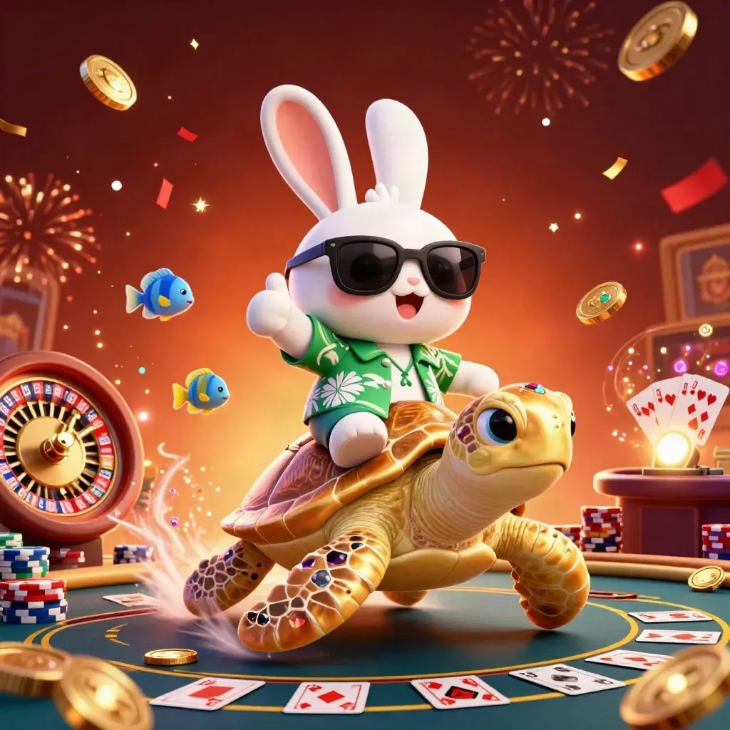 Lucky rabbit on a golden turtle amid casino coins, cards, chips, and glowing roulette.