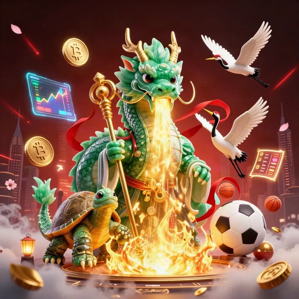 Emerald dragon, turtle sage, and cranes amid casino sports energy, coins, fire, and glowing effects.