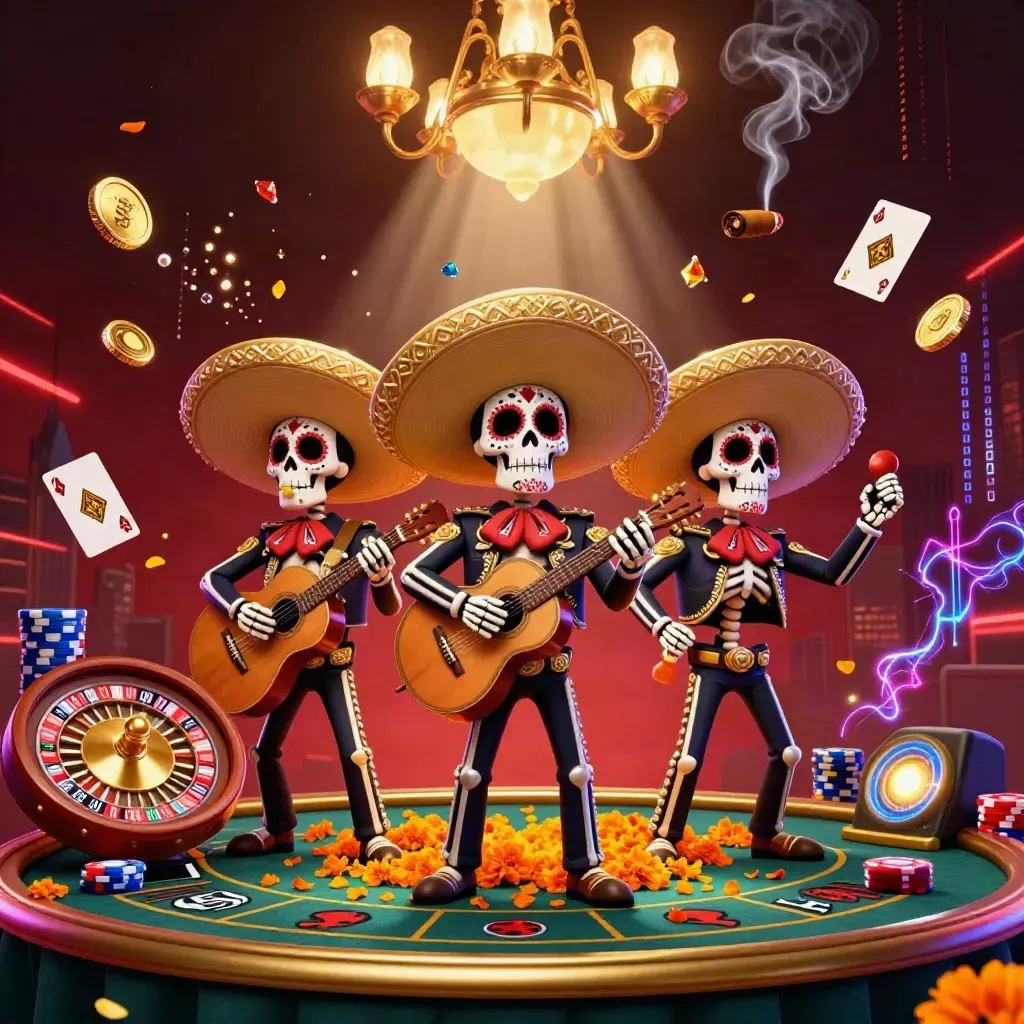 Skeleton mariachi trio in a luxe casino, with coins, cards, roulette wheel, and marigolds