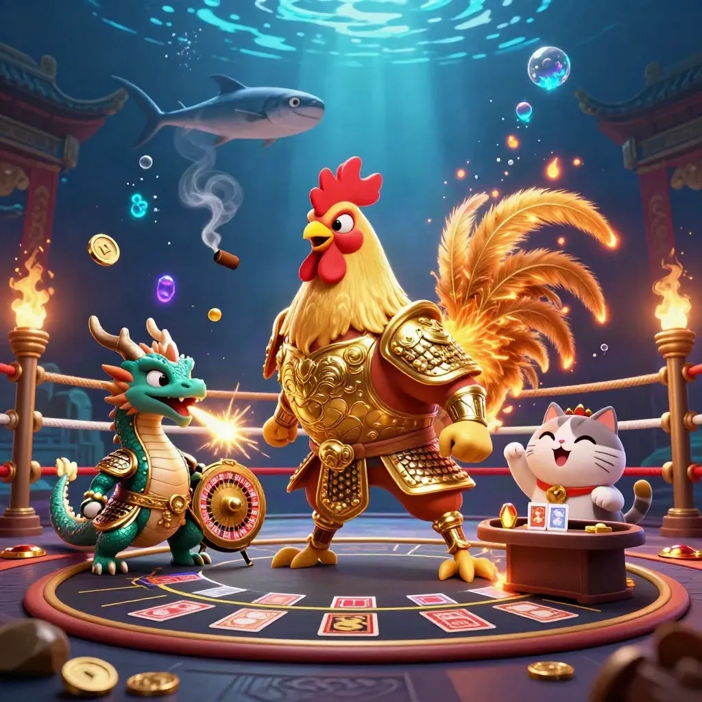 Rooster samurai, spark-breathing hatchling and cheering fortune cat in a luxe neon casino fantasy