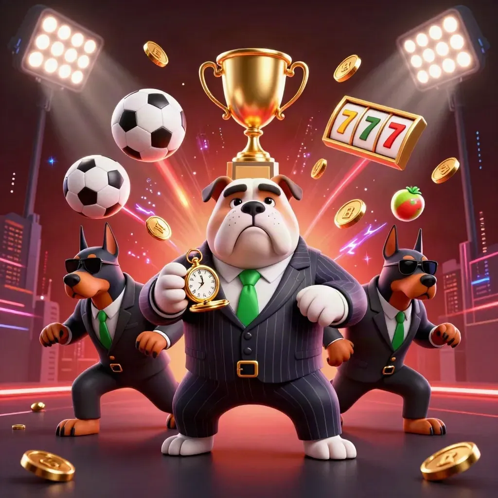 Bulldog mafia boss with two Dobermans amid neon sports, coins, trophy and casino effects