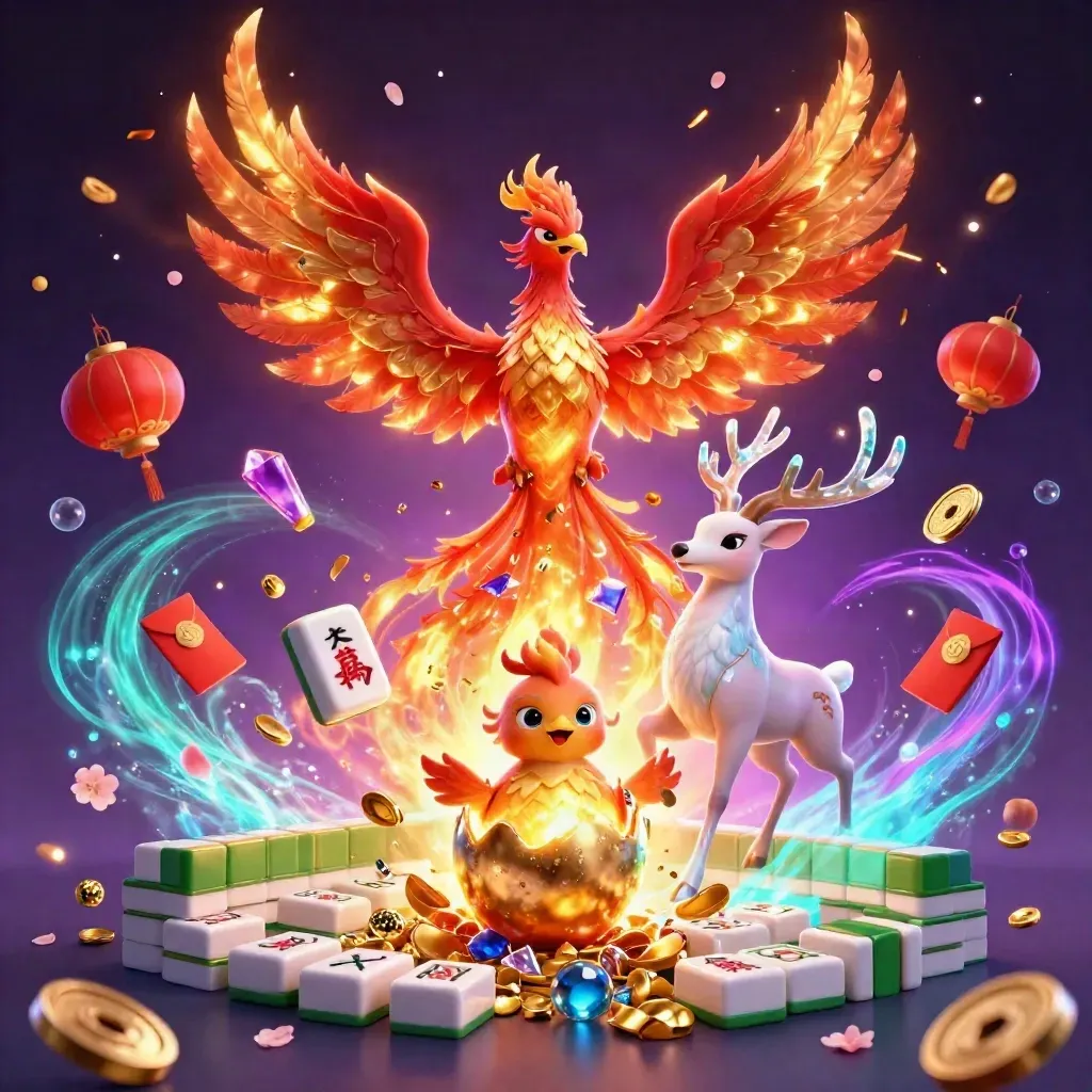 Phoenix, hatchling, and crystal stag burst from treasure amid neon casino magic.