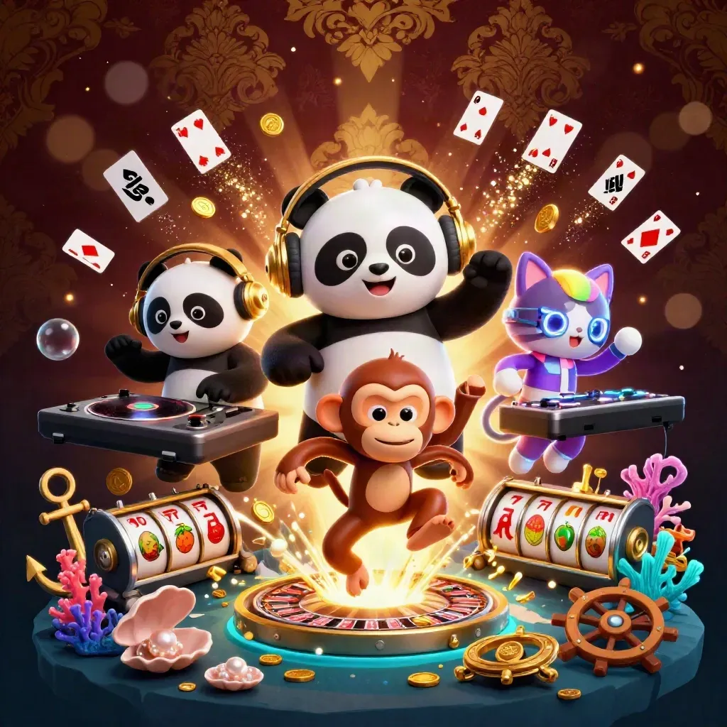 DJ panda, monkey, and glow-stick kitten amid underwater treasure, coins, coral, and casino effects.