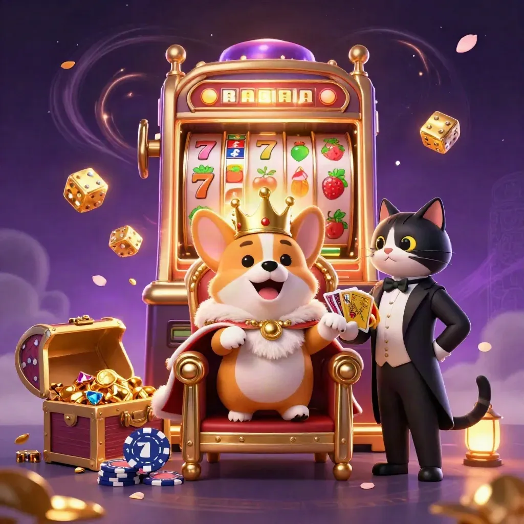 Royal corgi and cat butler burst with gold, gems, dice, and a glowing slot machine.