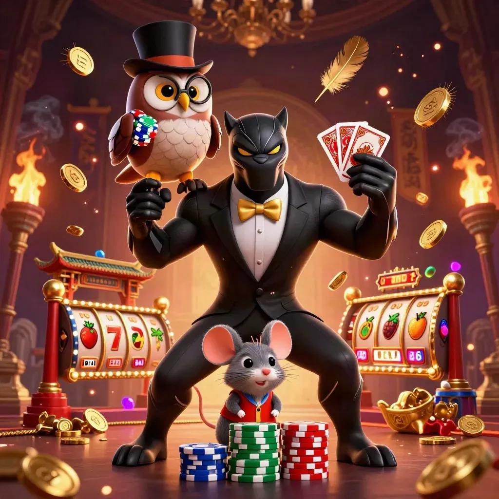 Panther, owl, and mouse deal cards amid emerald casino sparks, coins, temple gates, and gold embers.