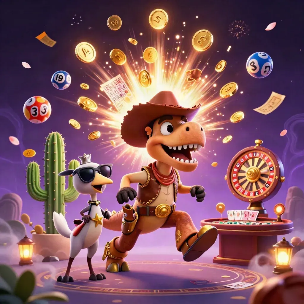 Cowboy T-Rex, cactus sidekick, and roadrunner amid casino treasure burst and fireworks