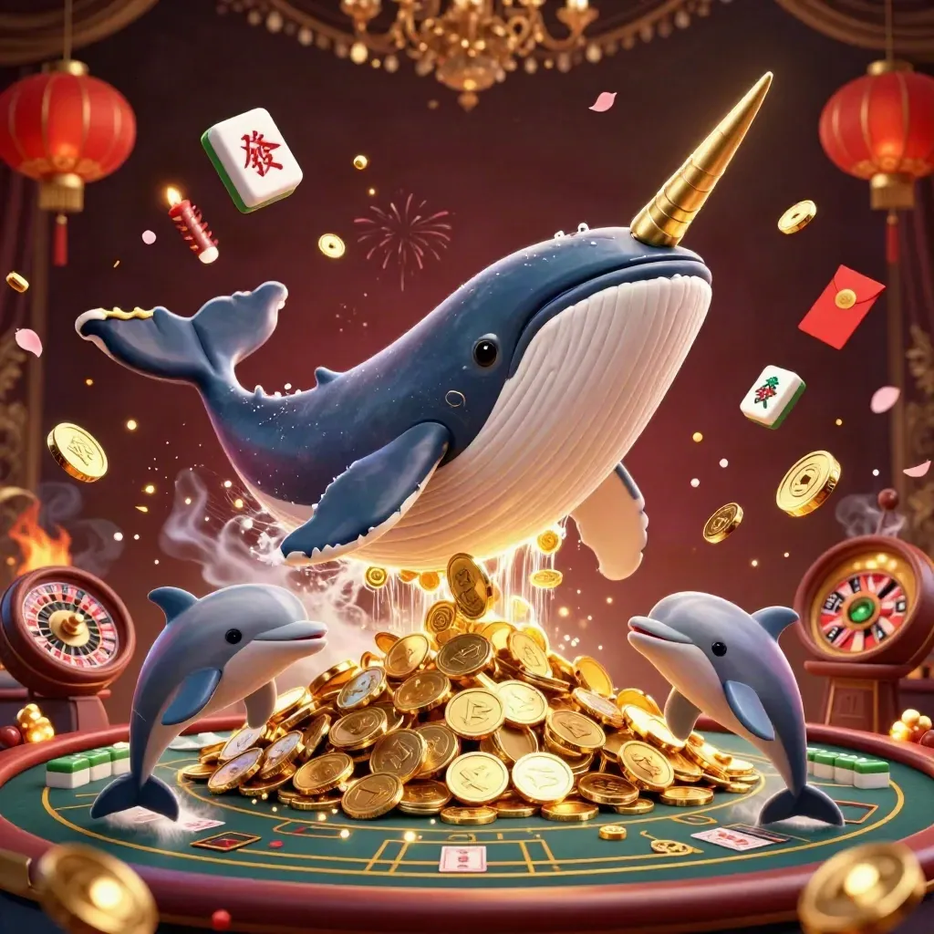 Whale captain, narwhal, and dolphins burst through coins with casino treasure and fireworks