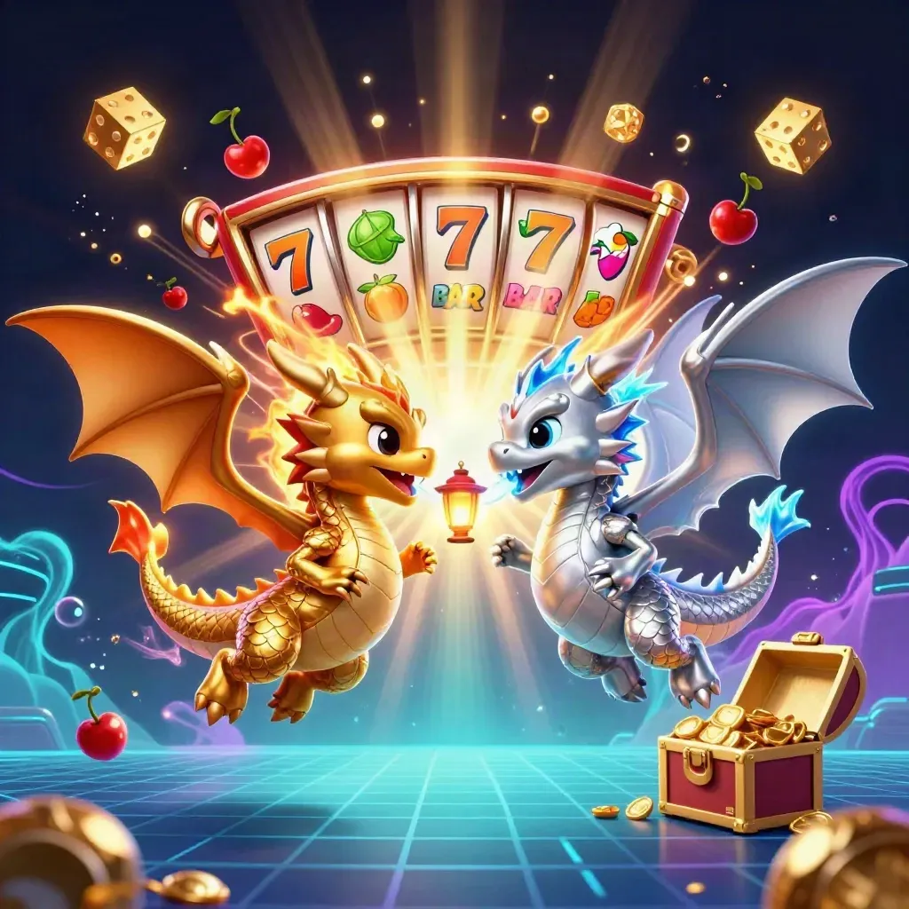 Gold and silver dragons spiral around a lantern spirit amid casino symbols and glowing slot reels.