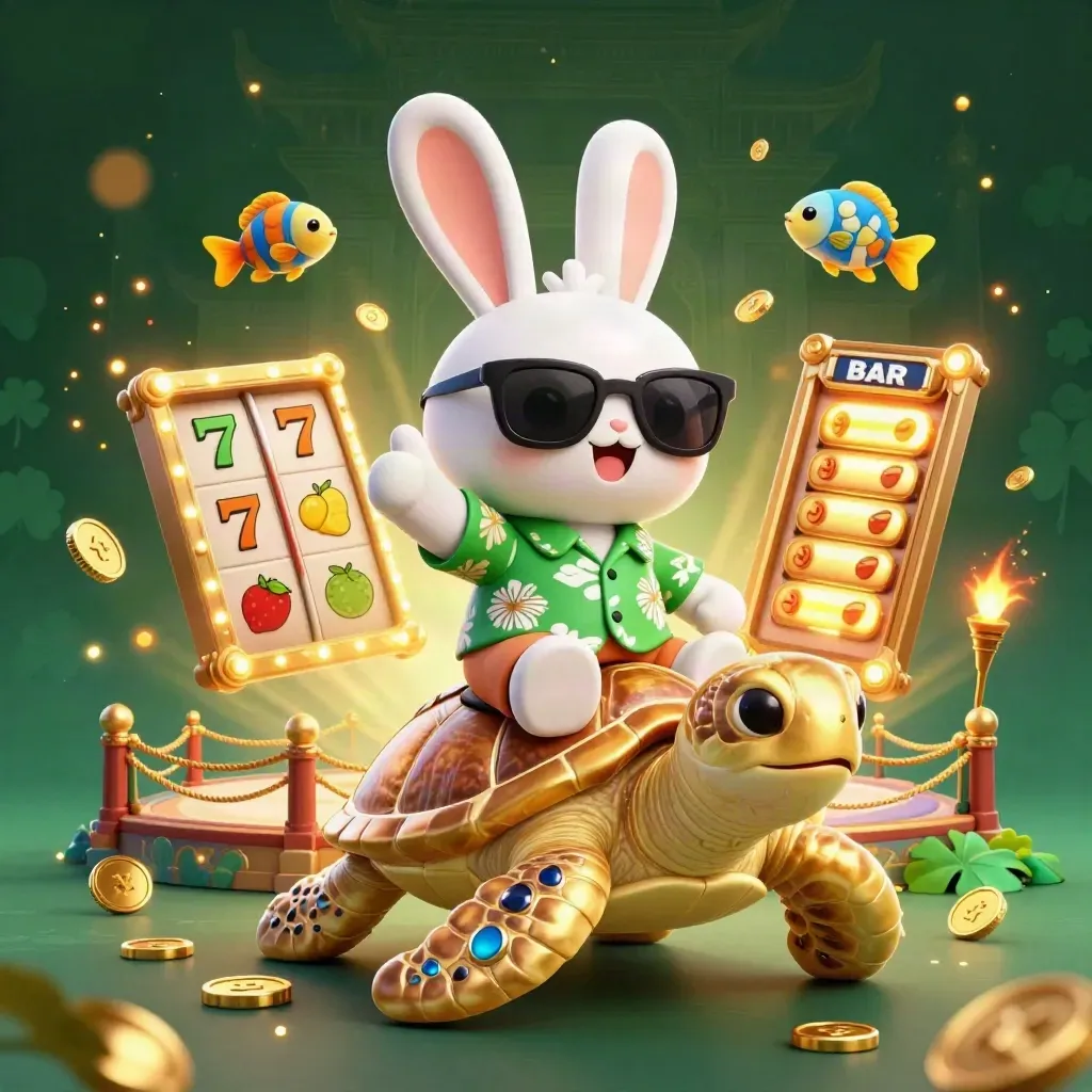 Lucky rabbit rides a golden sea turtle amid emerald casino glow, coins, reels and temple lights.