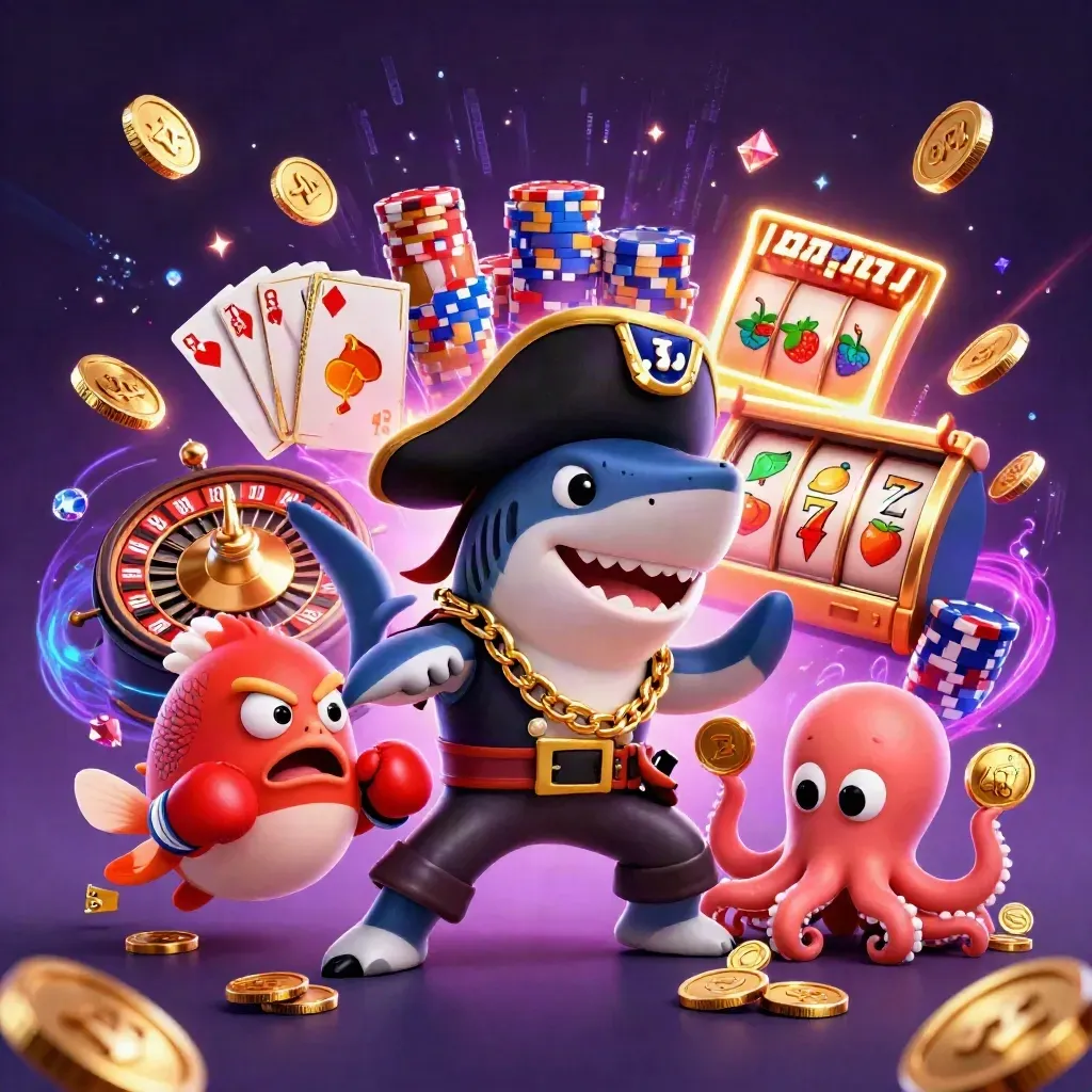 Pirate shark, boxing pufferfish, and juggling octopus burst amid casino icons and gold energy.