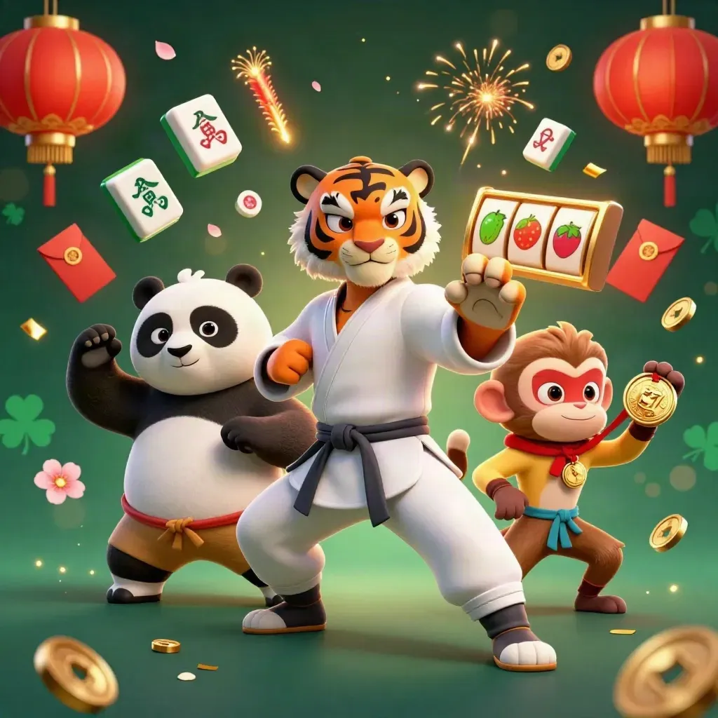 Kung-fu tiger, panda, and monkey amid casino lucky symbols and gold-lit effects