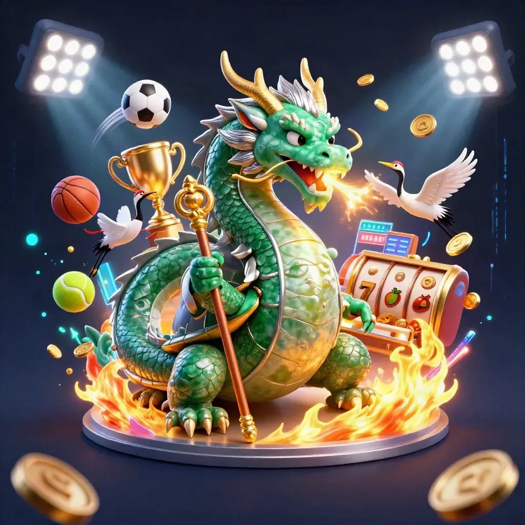 Emerald dragon, turtle sage, and cranes amid casino symbols, fire, coins, and neon effects.