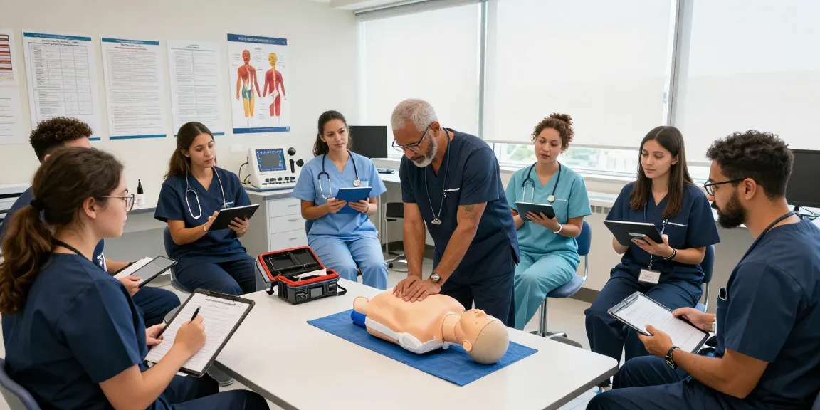 Medical training session showing healthcare professionals practicing CPR techniques in a simulation room.