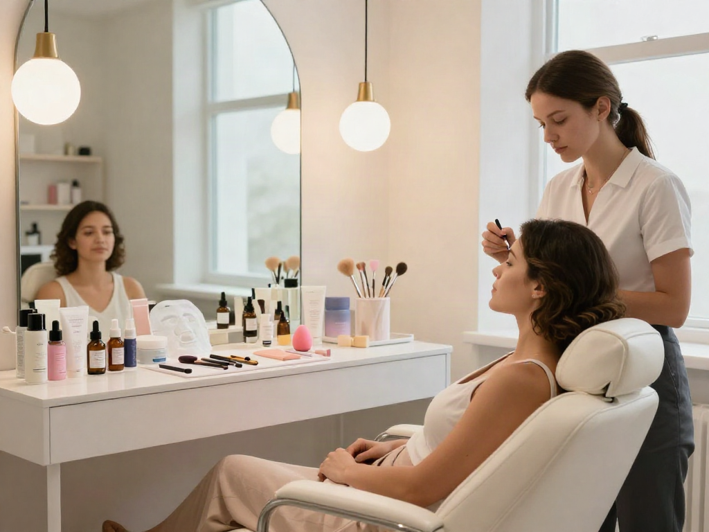 Penggunaan produk cermin4d dalam perawatan kecantikan oleh profesional di studio yang modern.